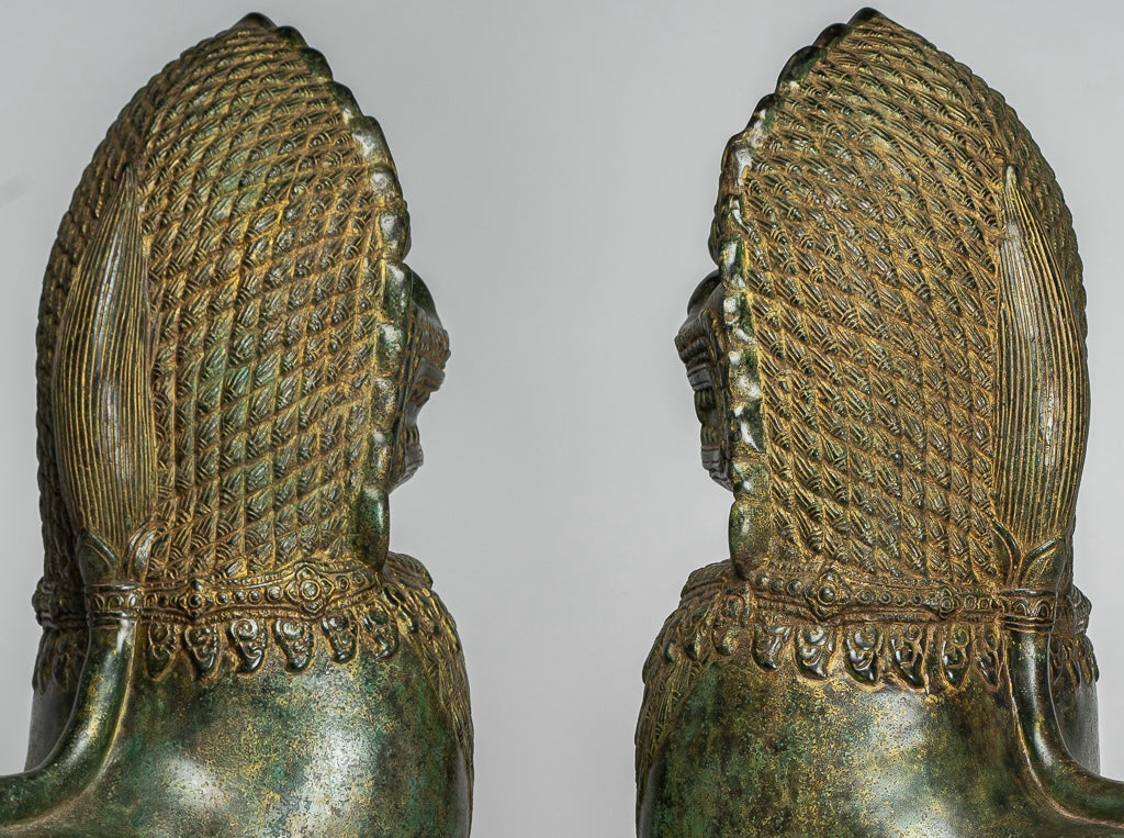 Temple Lions - Antique Khmer Style Bronze Temple Guardians or Lions (Pair) - 72cm/29"