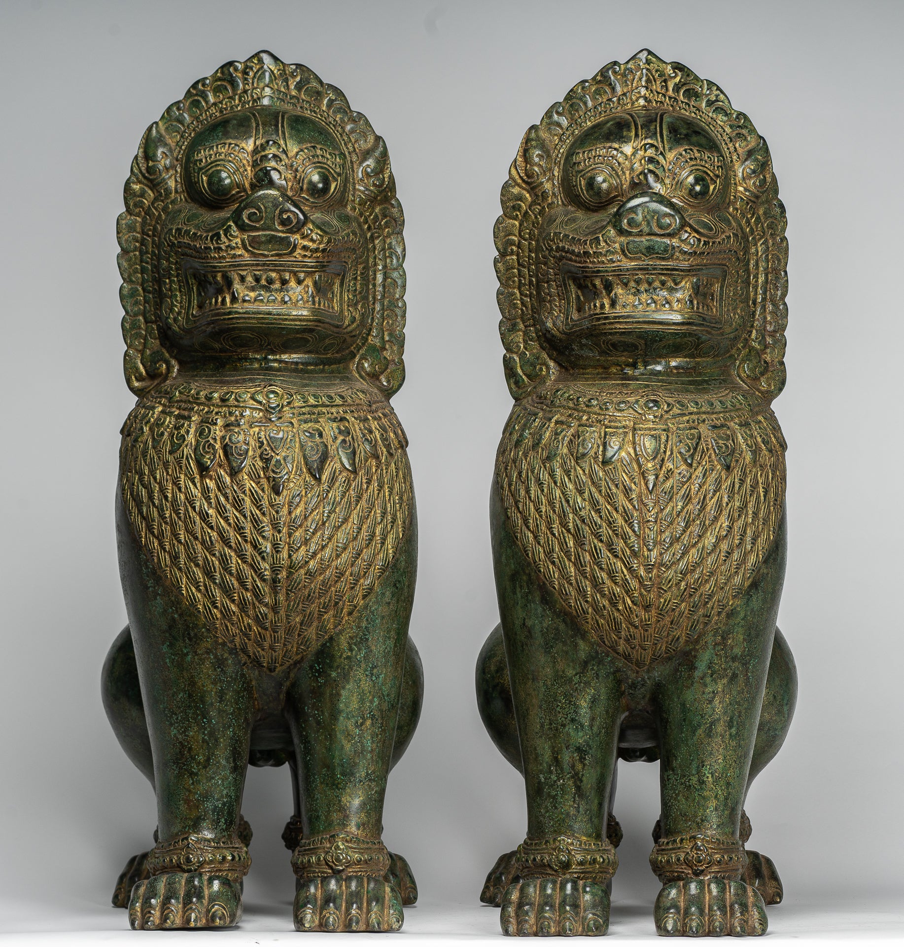 Temple Lions - Antique Khmer Style Bronze Temple Guardians or Lions (Pair) - 72cm/29"
