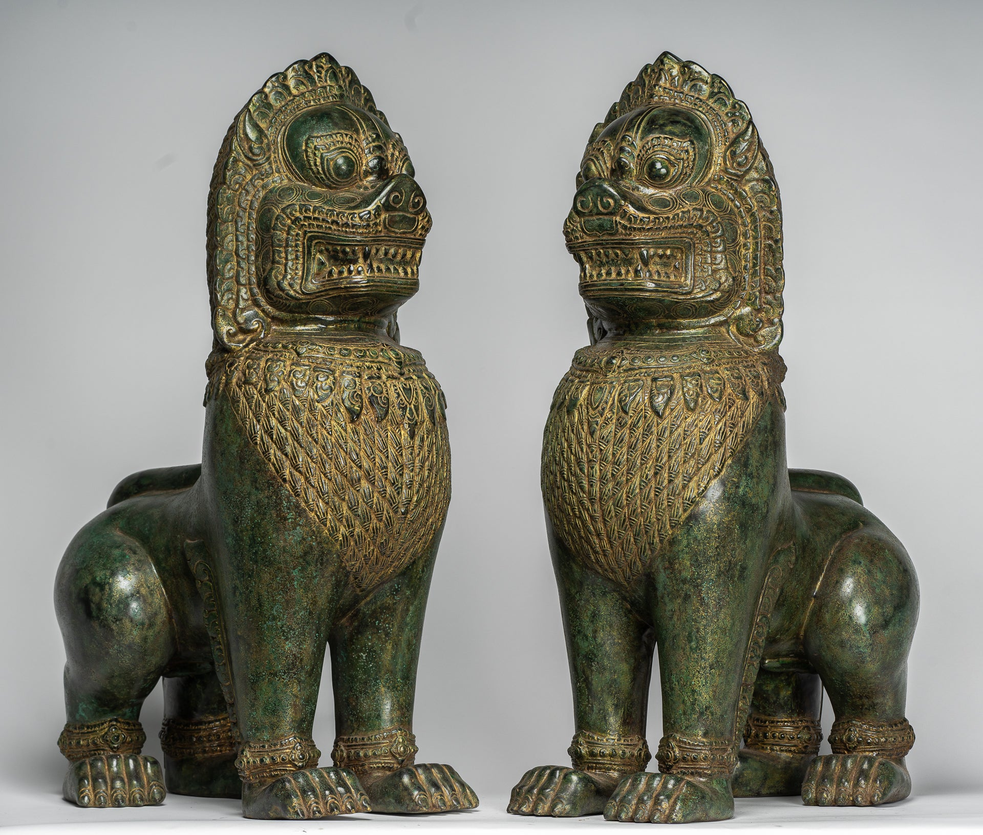 Temple Lions - Antique Khmer Style Bronze Temple Guardians or Lions (Pair) - 72cm/29"