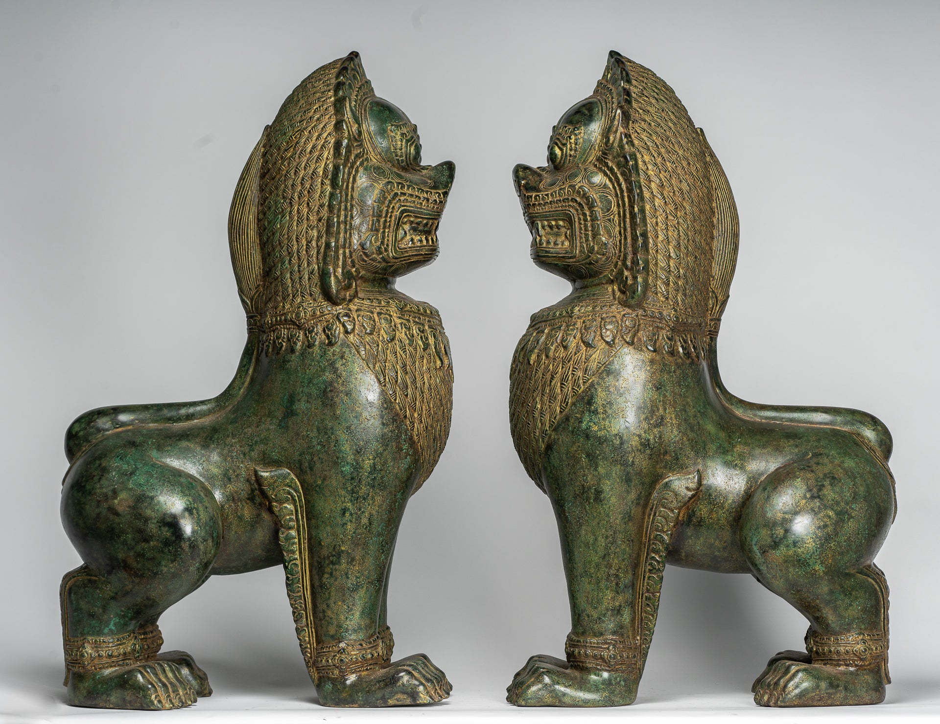 Temple Lions - Antique Khmer Style Bronze Temple Guardians or Lions (Pair) - 72cm/29"
