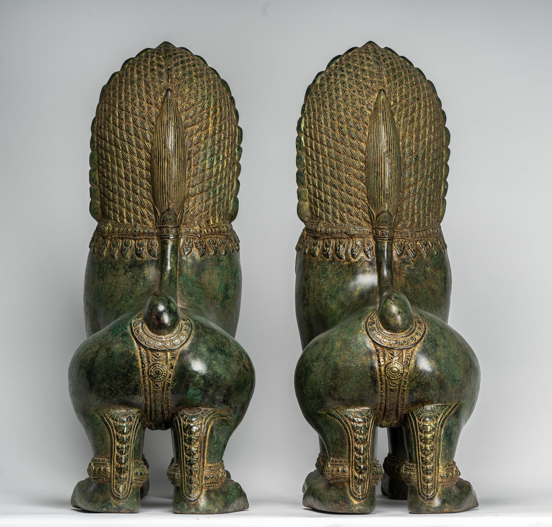 Temple Lions - Antique Khmer Style Bronze Temple Guardians or Lions (Pair) - 72cm/29"