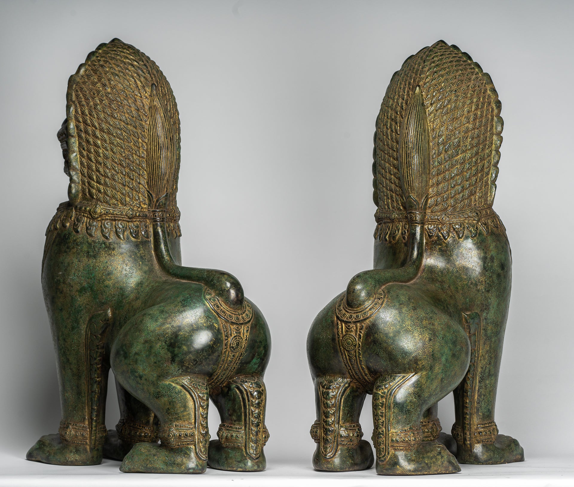 Temple Lions - Antique Khmer Style Bronze Temple Guardians or Lions (Pair) - 72cm/29"