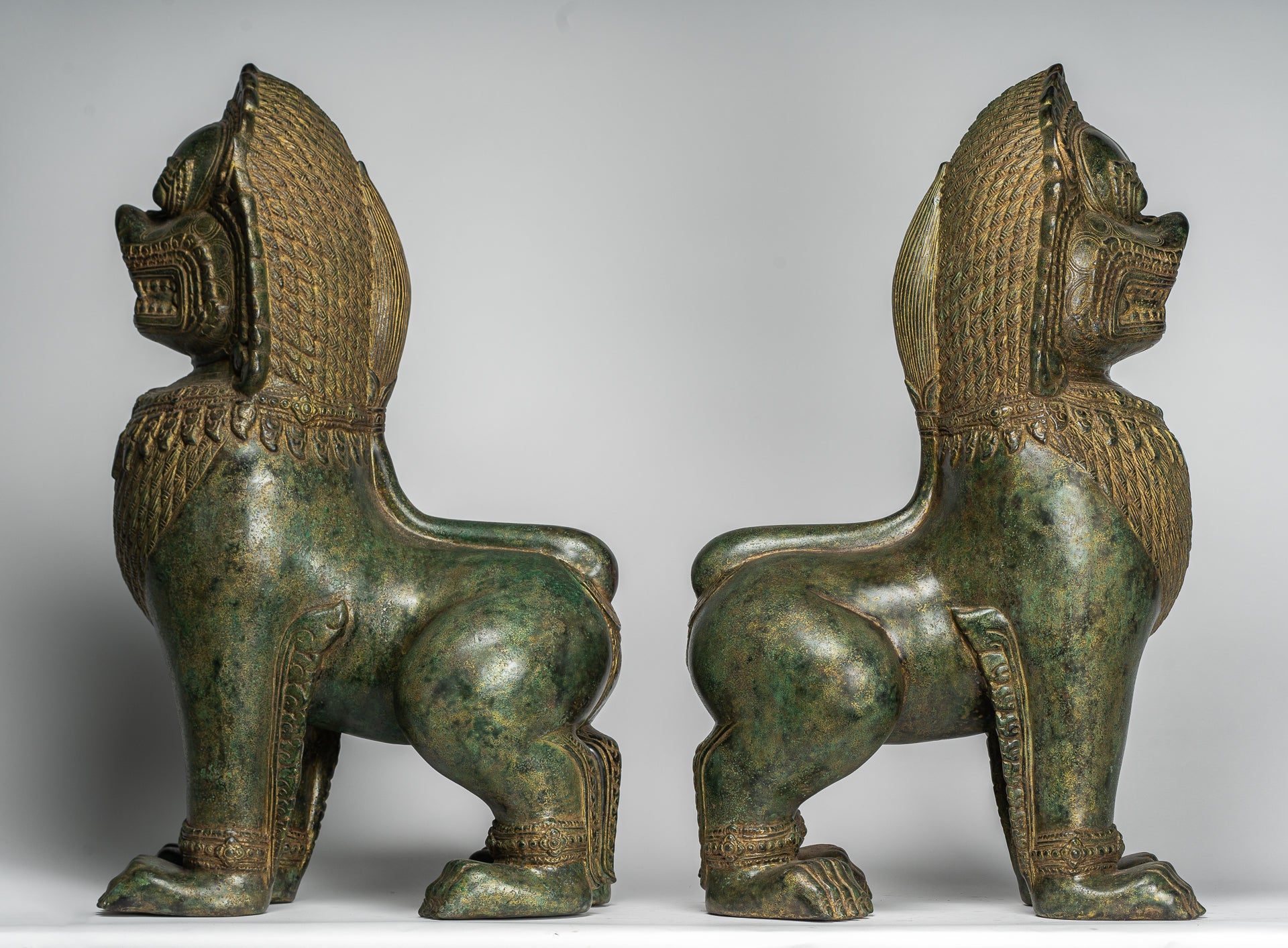 Temple Lions - Antique Khmer Style Bronze Temple Guardians or Lions (Pair) - 72cm/29"