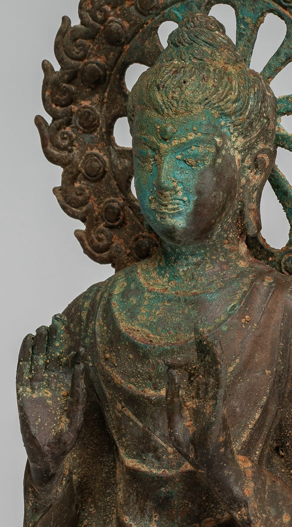 Estatua de Buda de la India - Estatua de Buda de Protección de Bronce Estilo de Gandhara antiguo - 29 cm/12 "