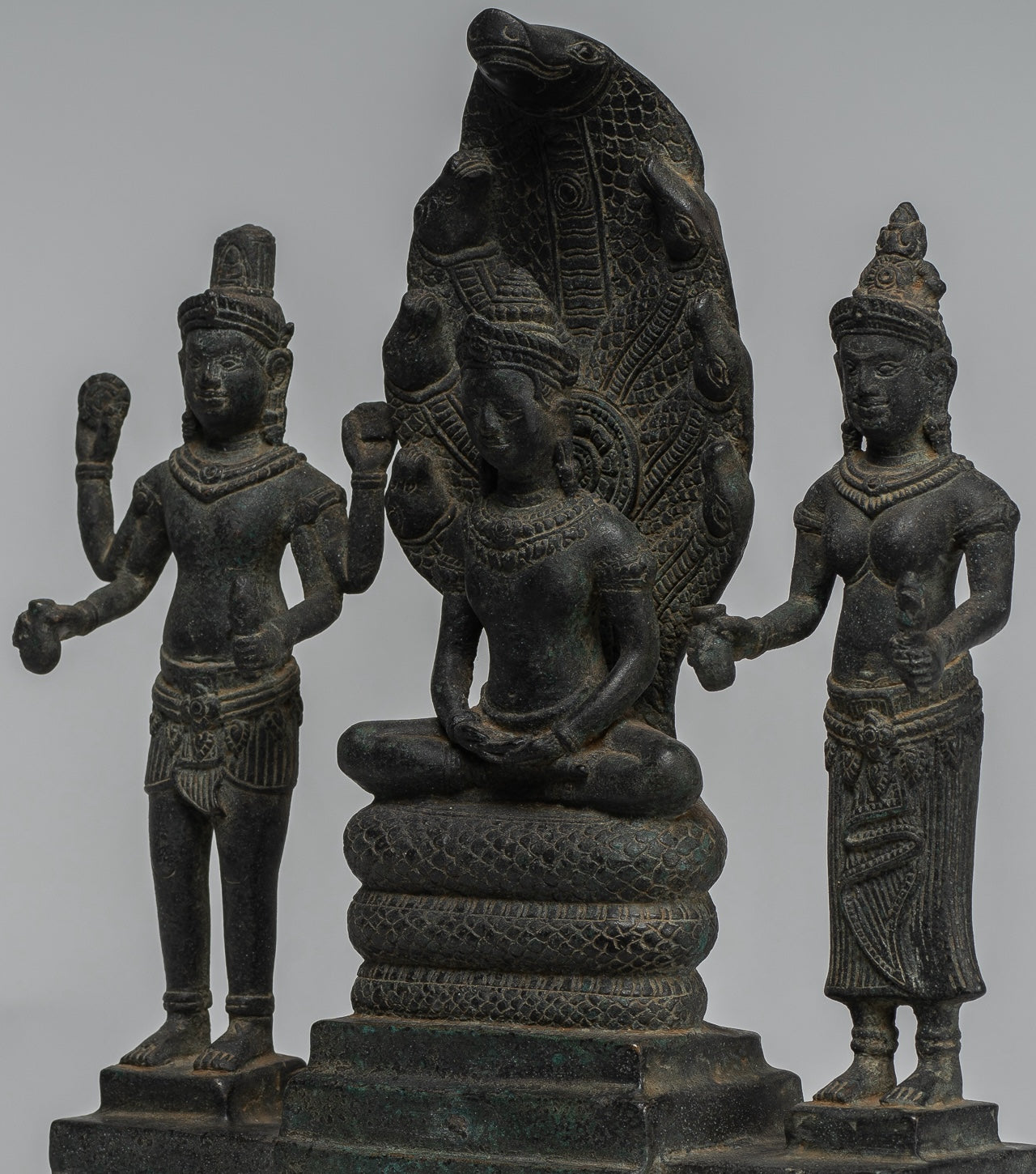 Buddha Statue - Antique Bayon Style Khmer Meditation Buddha. Vishnu and Lakshmi- 36cm/14"