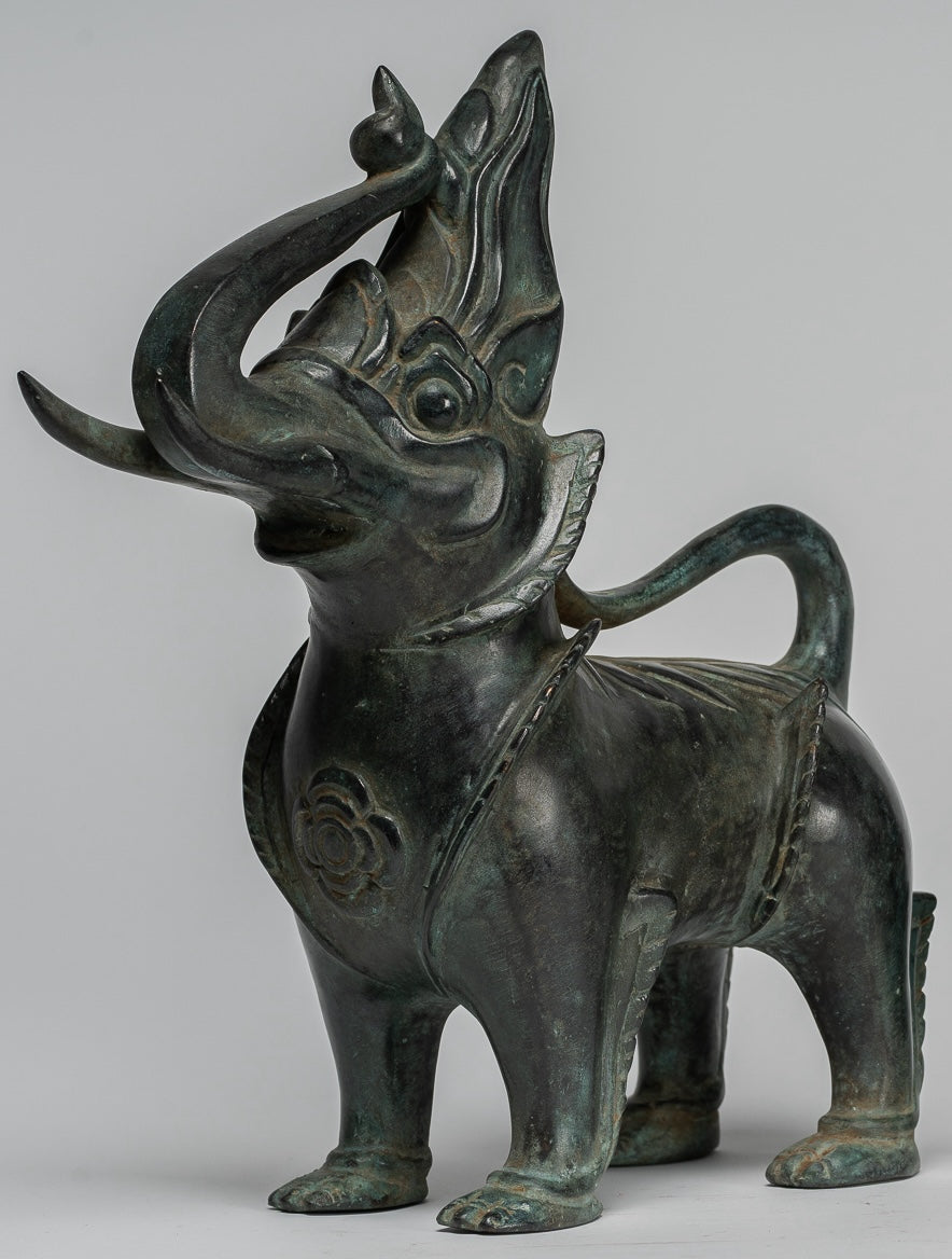 Antique Burmese Style Bronze Standing Chinthe Guardian Temple Lions - 29cm/12" (Pair)