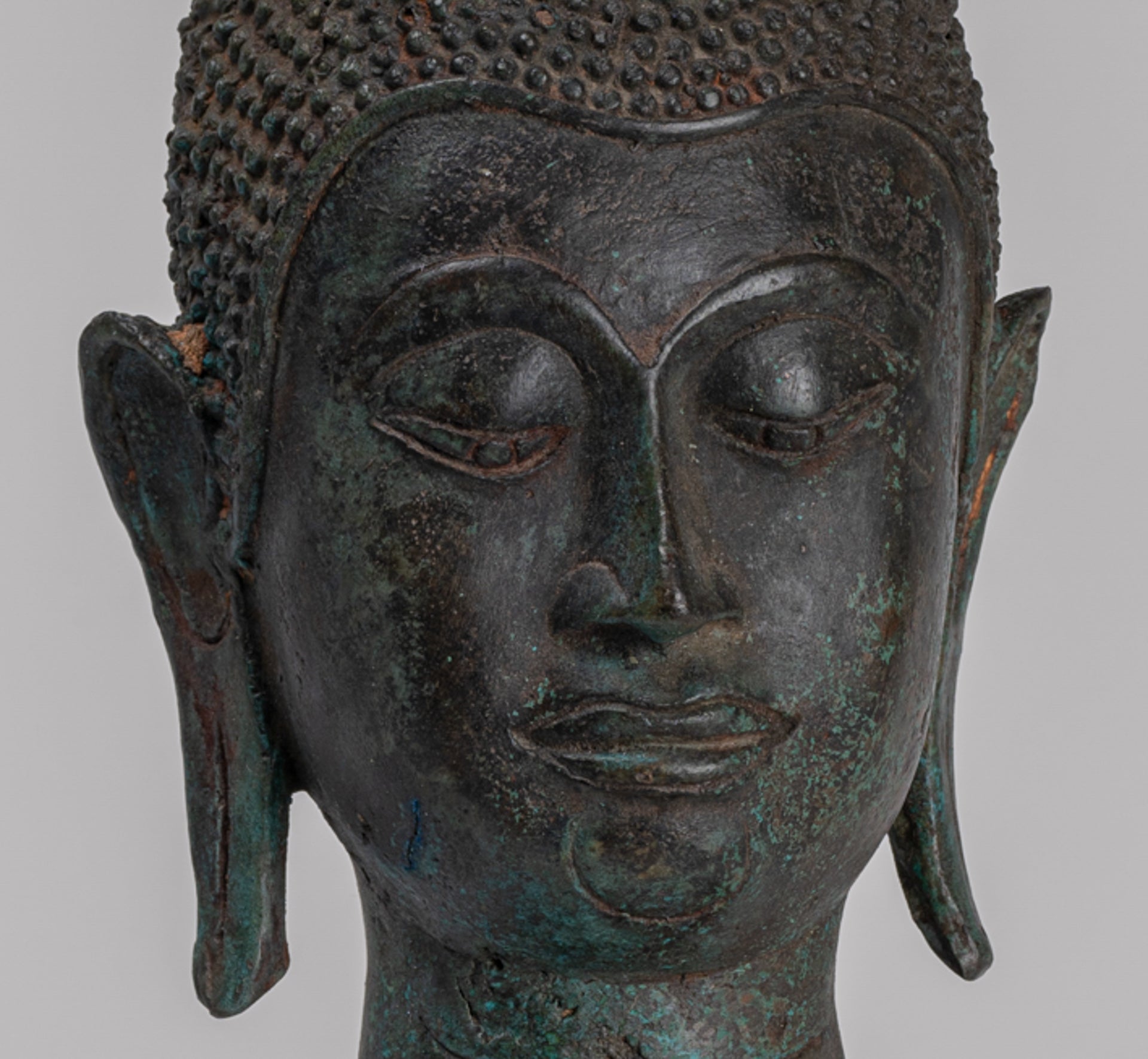 Buddha Head - Antique Thai Style Sukhothai Mounted Bronze Buddha Head - 30cm/12"