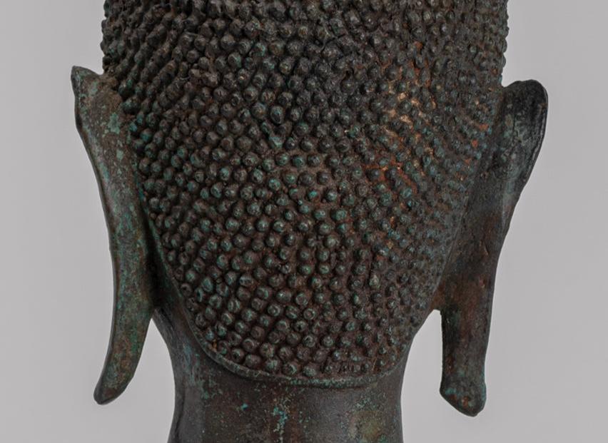 Buddha Head - Antique Thai Style Sukhothai Mounted Bronze Buddha Head - 30cm/12"