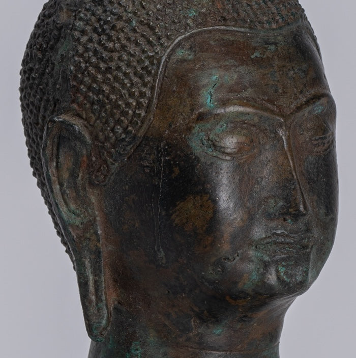 Buddha Head - Antique Thai Style Sukhothai Mounted Bronze Buddha Head - 22cm/9"