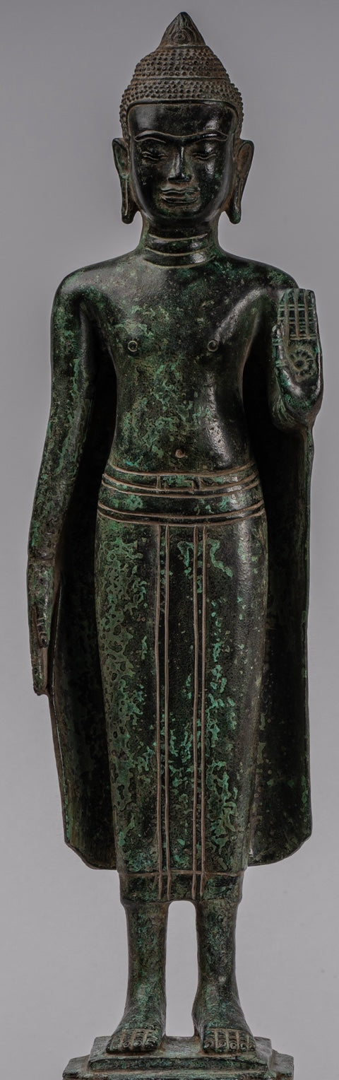 Buddha Statue - Antique Khmer Style Bronze Standing Abhaya Protection Buddha Statue - 52cm/21"