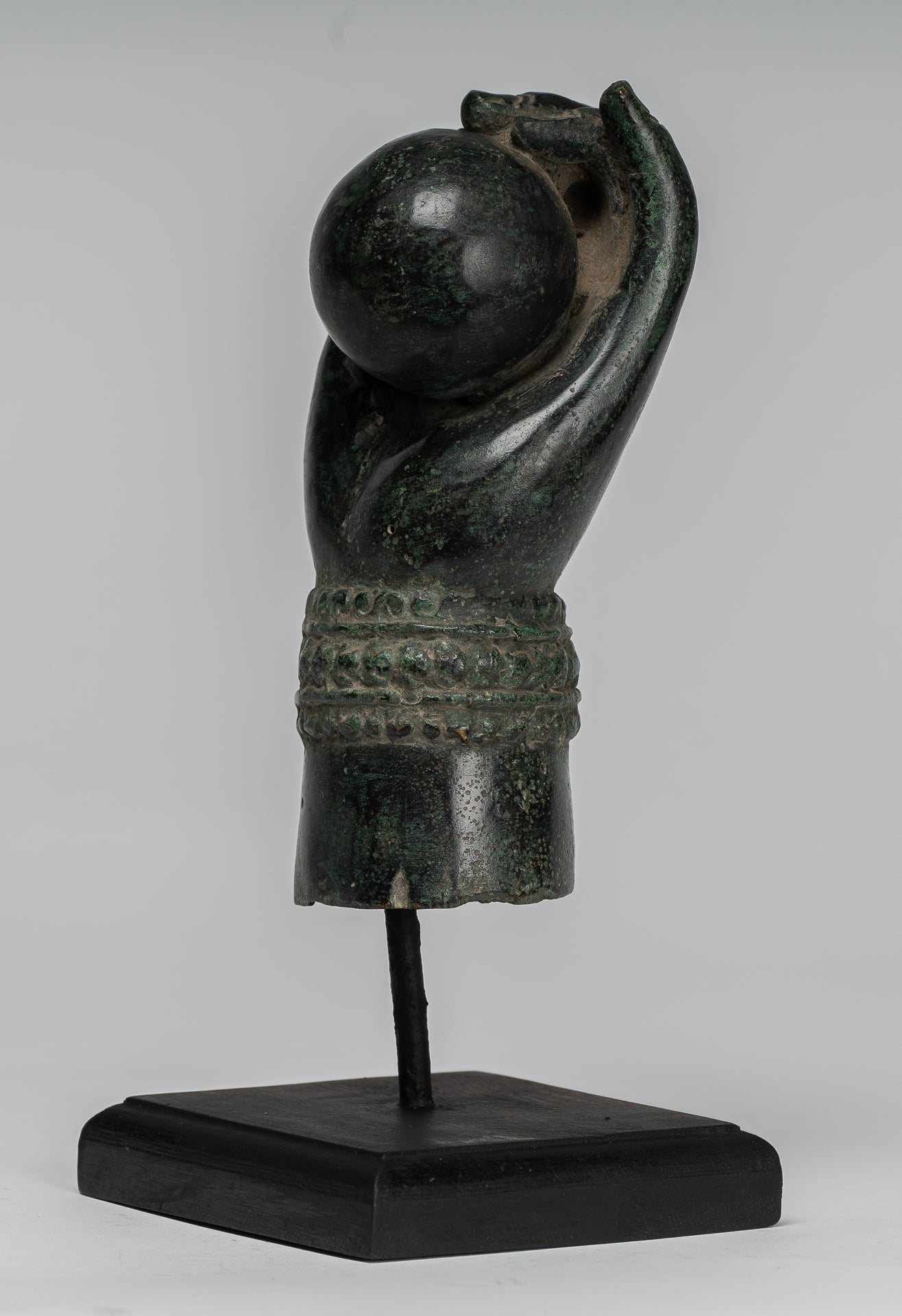 Mounted Antique Khmer Style Southeast Asia Bronze Vishnu Hand & Pinda or Ball - 22cm/9"