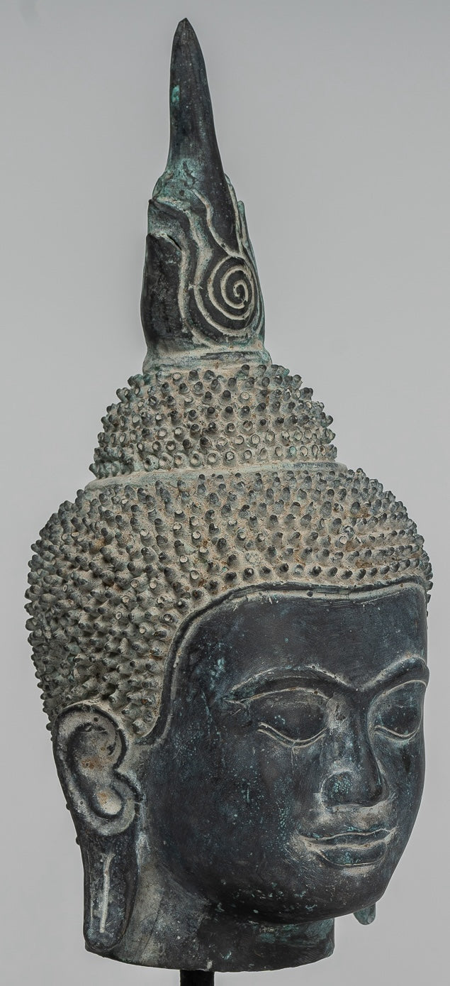 Buddha Statue - Antique Khmer Style Bronze Mounted Buddha Head - 29cm/12"