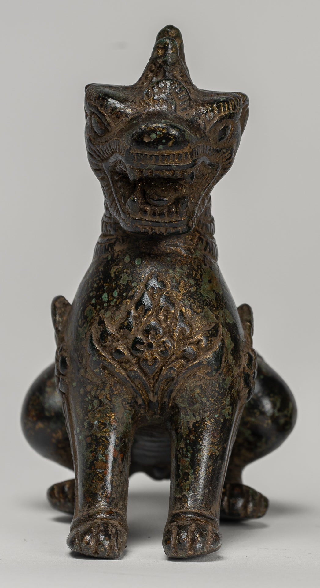 Antique Burmese Style Bronze Standing Chinthe Guardian Temple Lions - 12cm/5" (Pair)