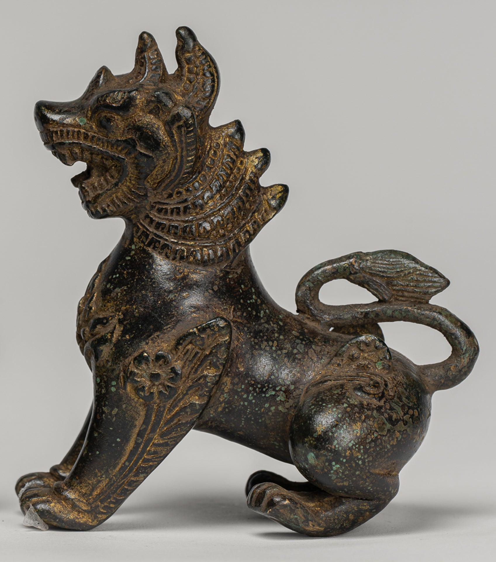 Antique Burmese Style Bronze Standing Chinthe Guardian Temple Lions - 12cm/5" (Pair)