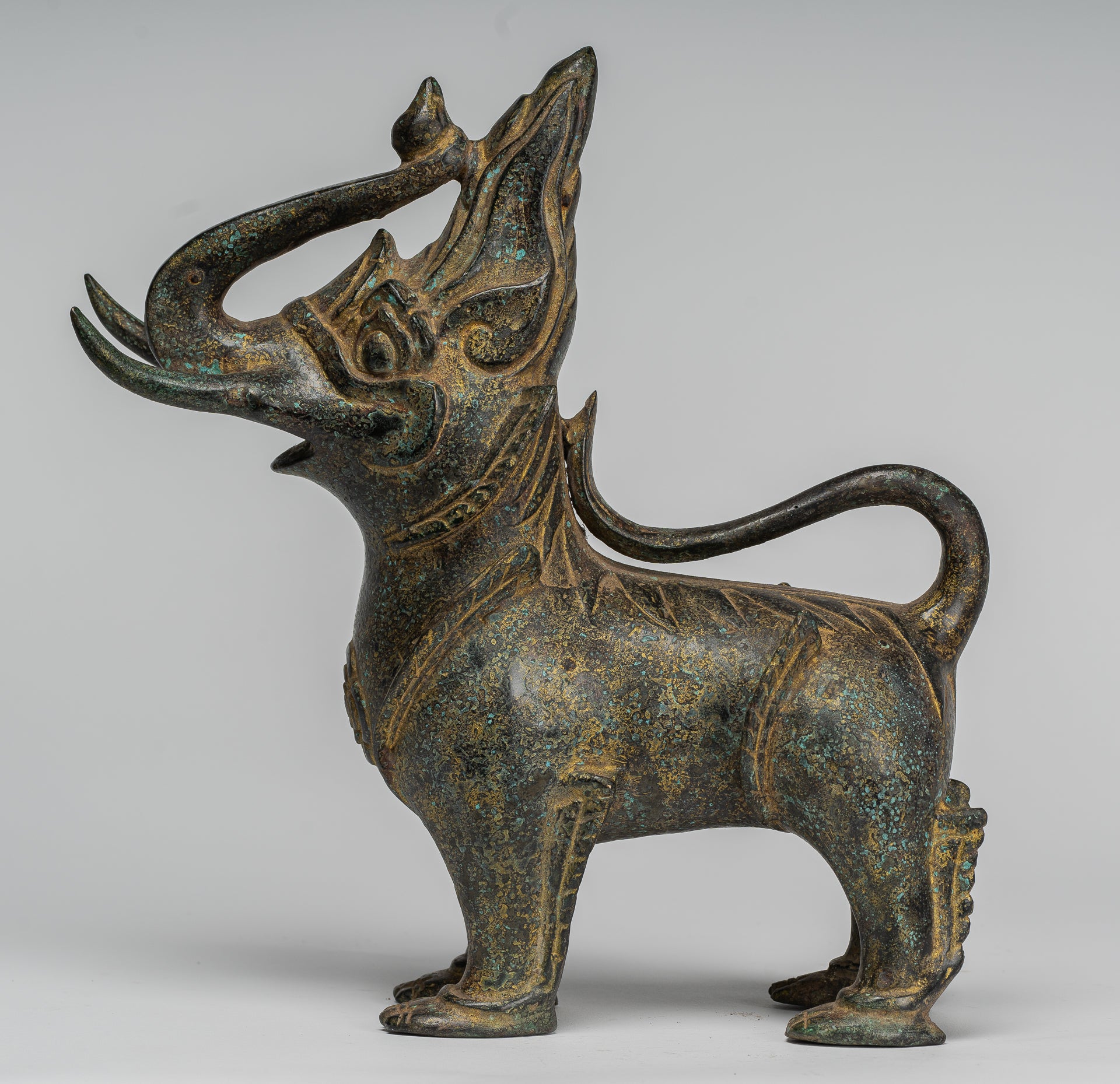 Antique Burmese Style Bronze Standing Chinthe Guardian Temple Lion - 29cm/12"