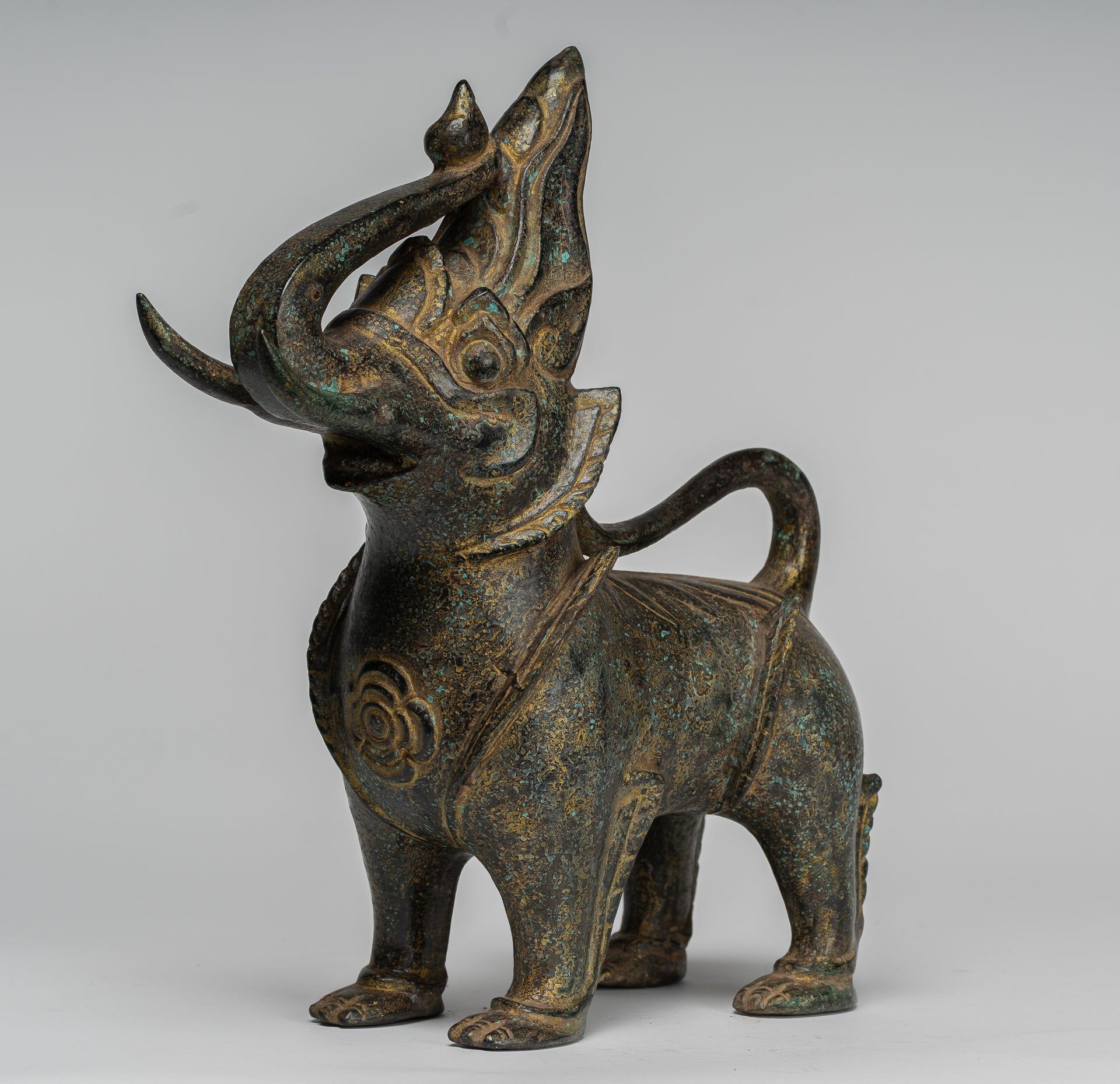 Antique Burmese Style Bronze Standing Chinthe Guardian Temple Lion - 29cm/12"