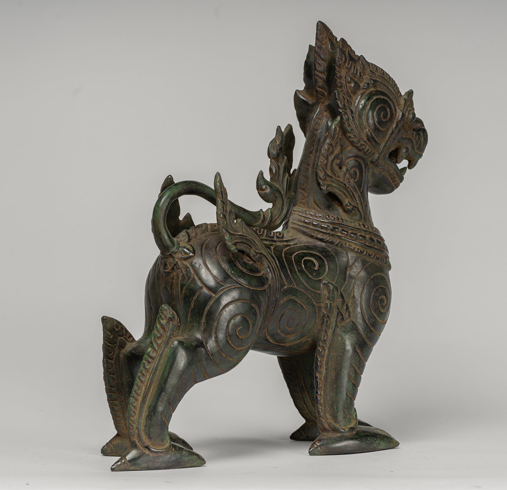 Antique Burmese Style Bronze Standing Chinthe Guardian Temple Lion - 34cm/14"