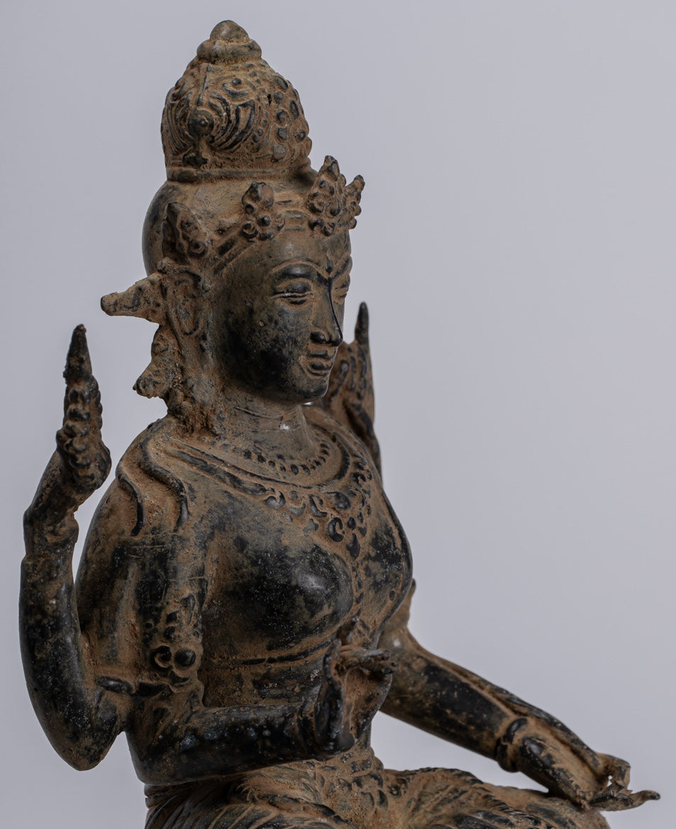 Tara Statue - Antique Java Style Majapahit Seated Bronze Devi Tara Statue - 26cm/10"