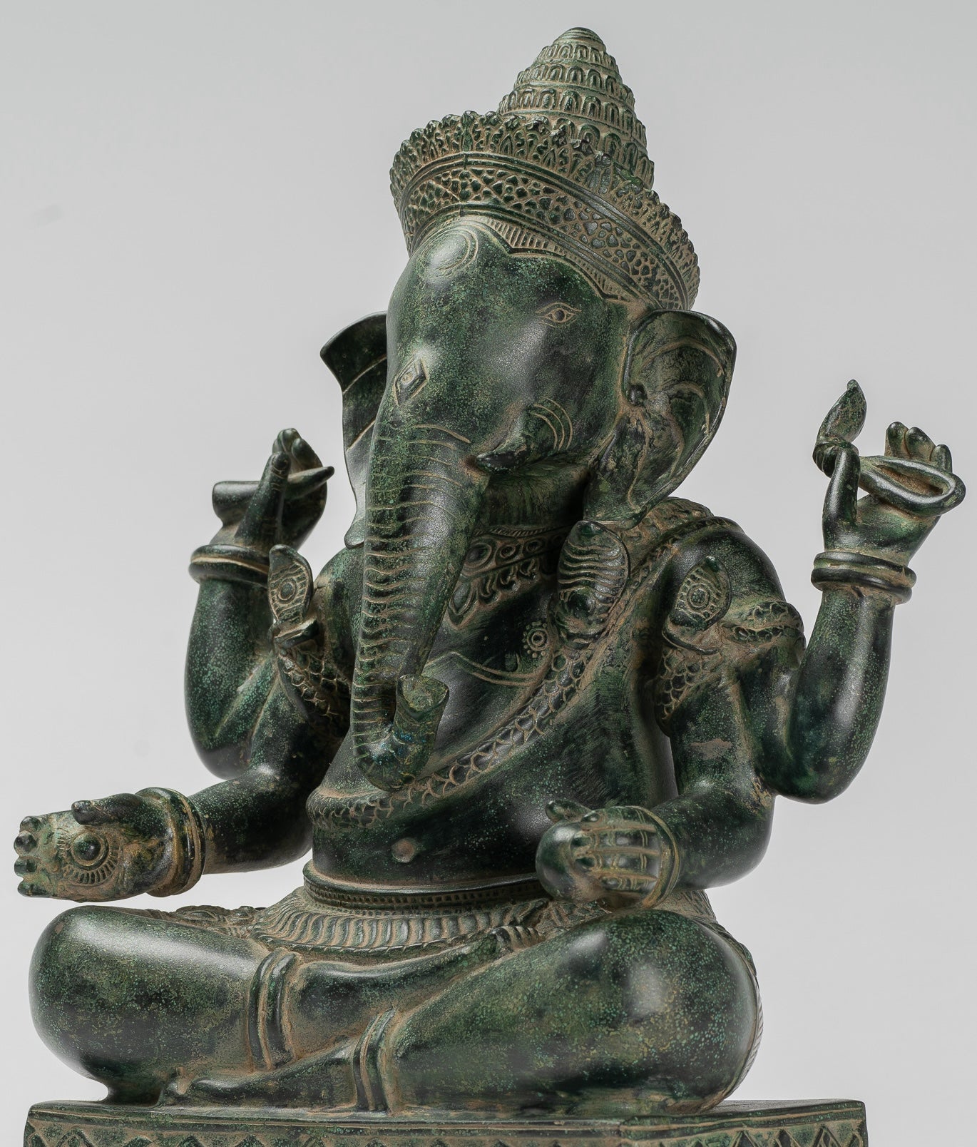 Ganesha Statue - Antique Khmer Style Angkor Wat Bronze Seated Four Arm Ganesh Statue - 40cm/16"