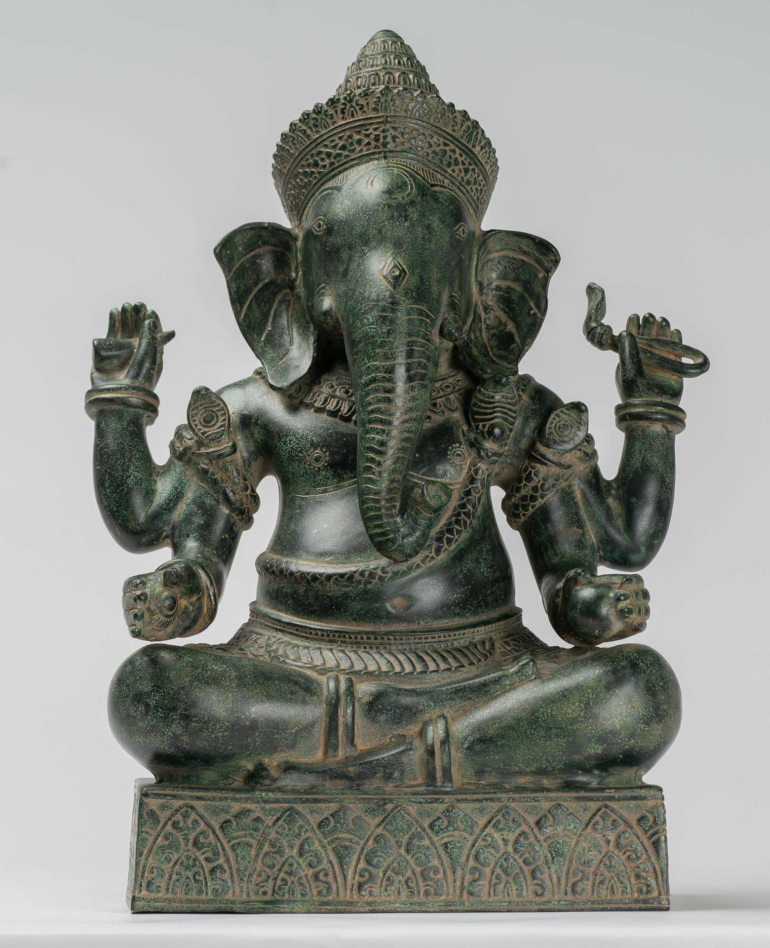 Ganesha Statue - Antique Khmer Style Angkor Wat Bronze Seated Four Arm Ganesh Statue - 40cm/16"