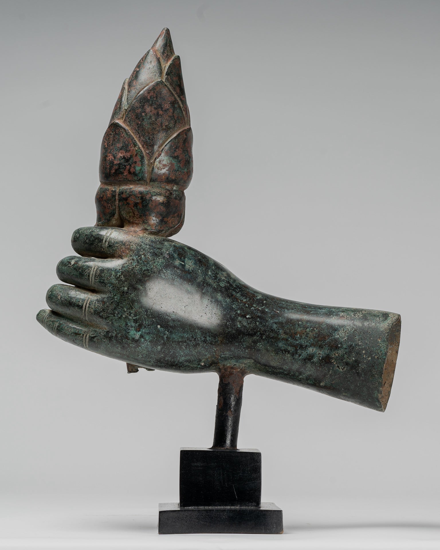 Mounted Antique Khmer Style Bronze Hand & Lotus Bud - 43cm/17"