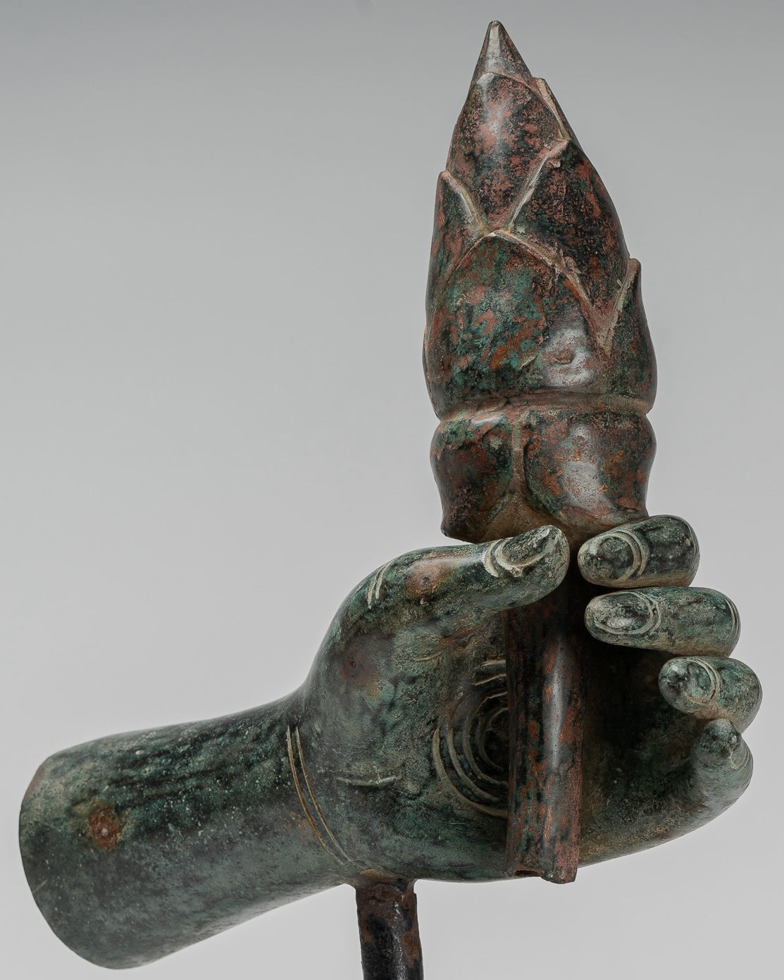 Mounted Antique Khmer Style Bronze Hand & Lotus Bud - 43cm/17"