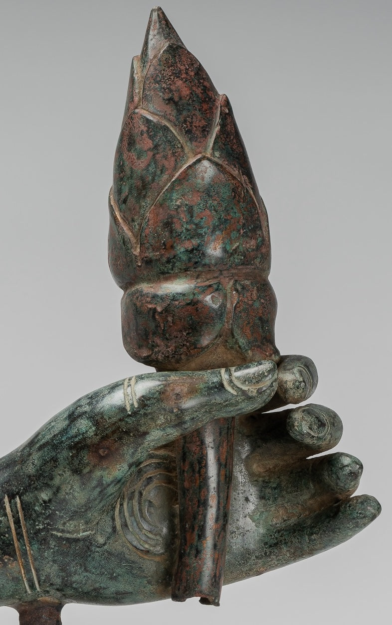 Mounted Antique Khmer Style Bronze Hand & Lotus Bud - 43cm/17"