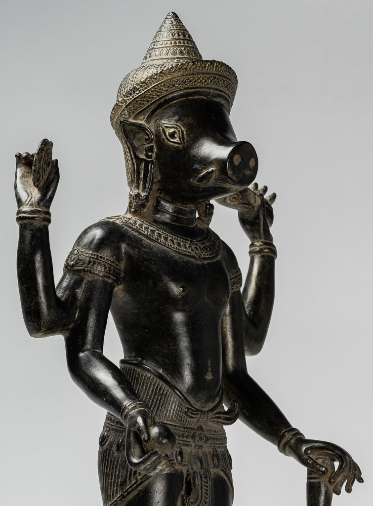 Varaha Statue - Antique Khmer Style Standing Bronze Varaha Boar Avatar of Vishnu - 55cm/22"