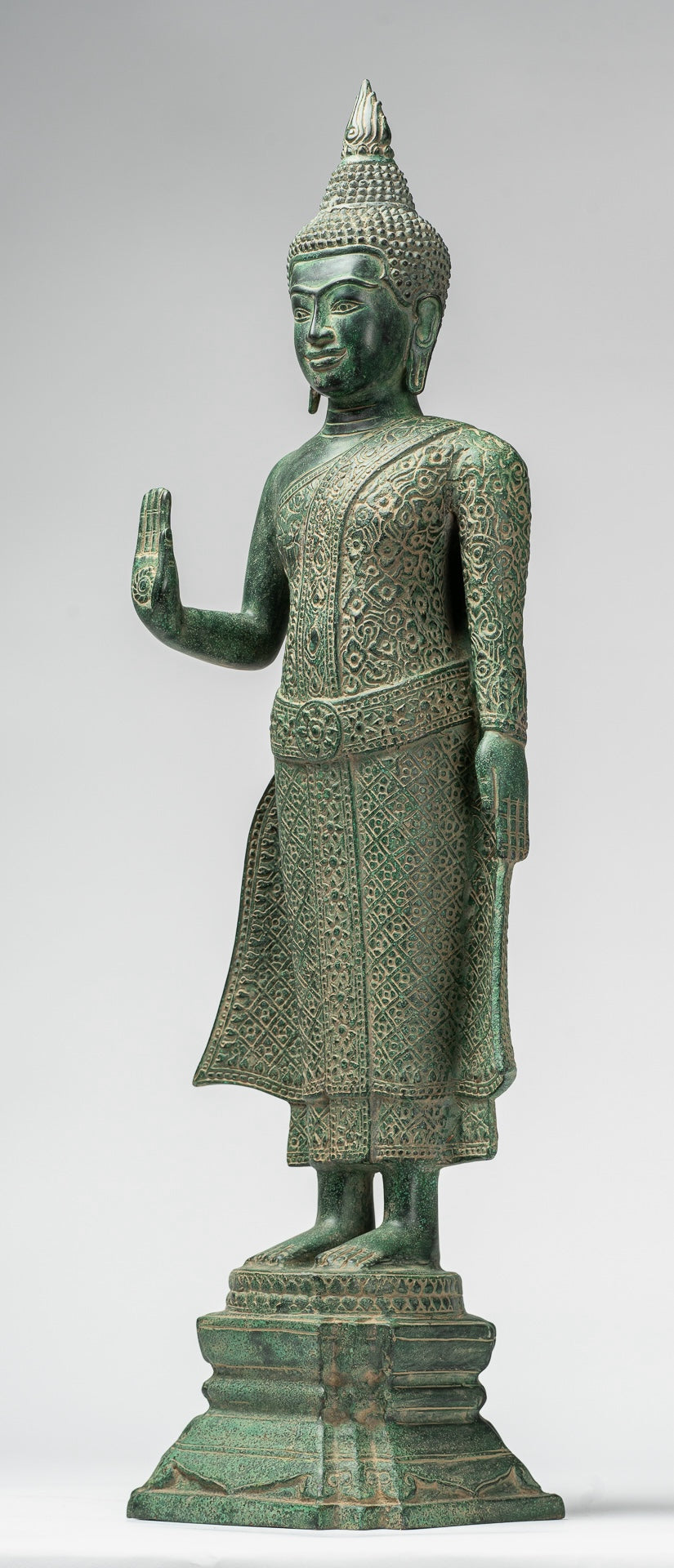 Buddha Statue - Antique Khmer Style Bronze Standing Abhaya Protection Buddha Statue - 65cm/26"