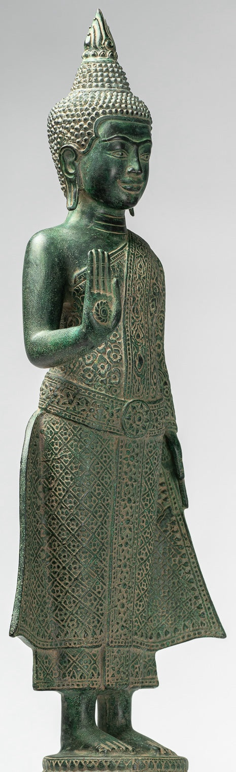Buddha Statue - Antique Khmer Style Bronze Standing Abhaya Protection Buddha Statue - 65cm/26"