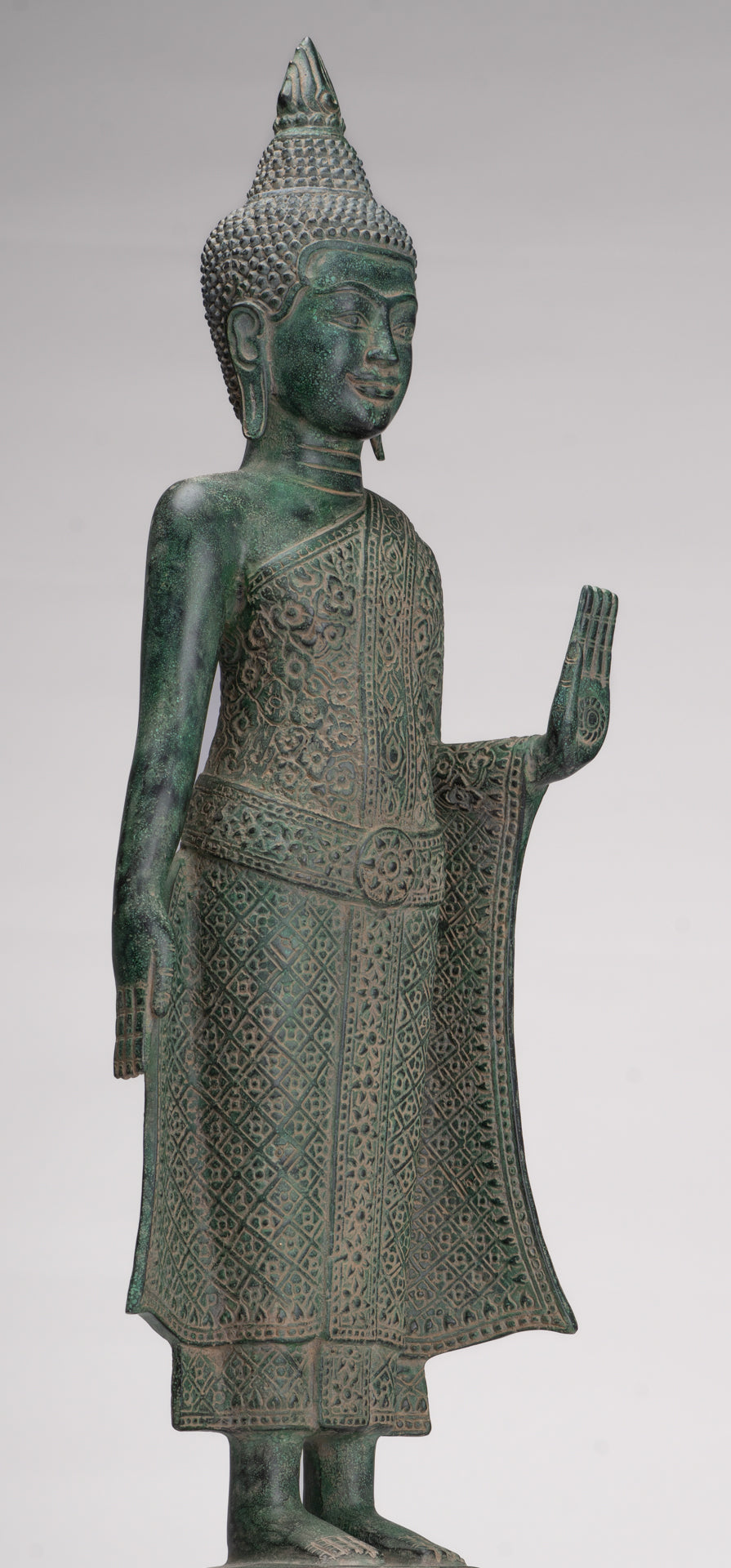 Buddha Statue - Antique Khmer Style Bronze Standing Abhaya Protection Buddha Statue - 64cm/26"