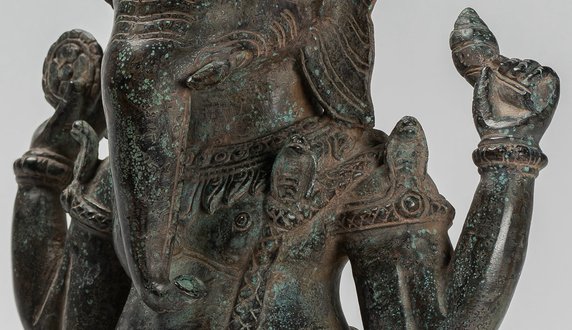 Ganesha Statue - Antique Khmer Style Baphuon Bronze Seated Four Arm Ganesh Statue - 33cm/13"