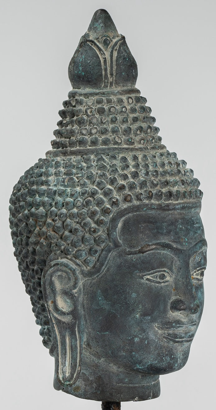 Buddha Statue - Antique Khmer Style Bronze Lotus Flower Buddha Head - 22cm/9"