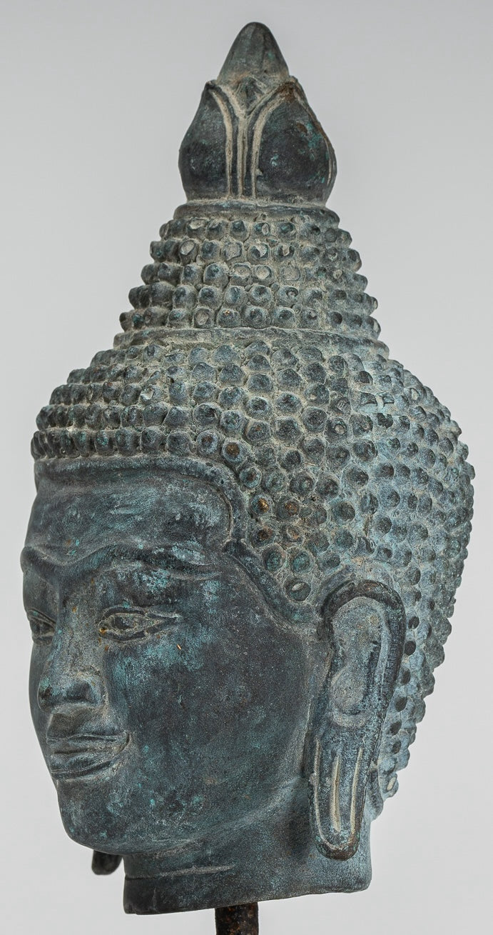 Buddha Statue - Antique Khmer Style Bronze Lotus Flower Buddha Head - 22cm/9"