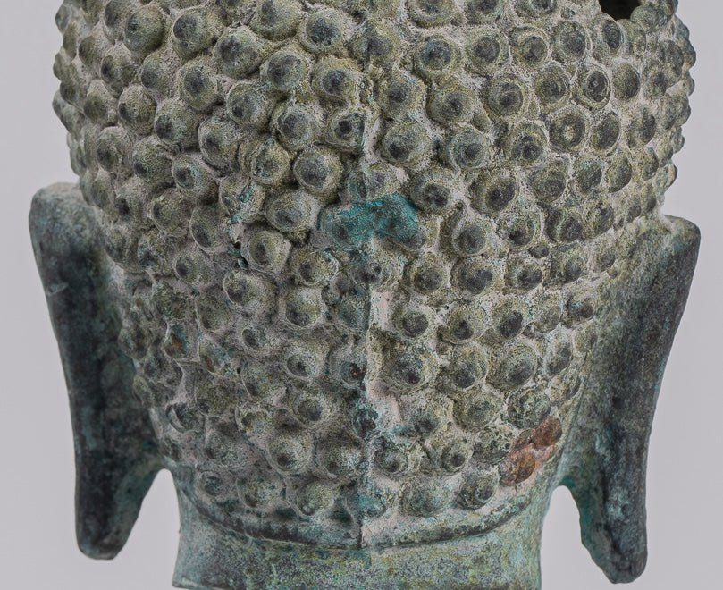 Buddha Statue - Antique Khmer Style Bronze Lotus Flower Buddha Head - 20cm/8"