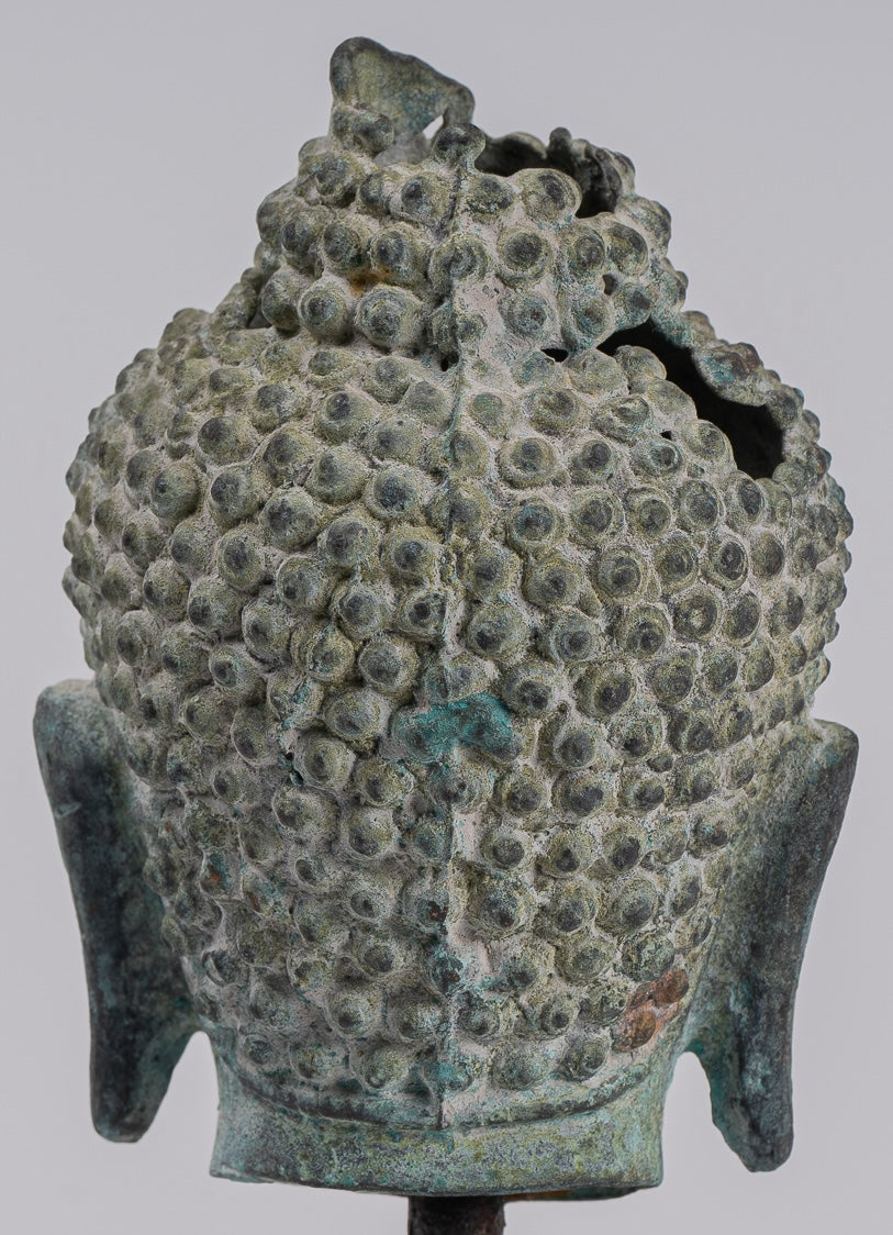 Buddha Statue - Antique Khmer Style Bronze Lotus Flower Buddha Head - 20cm/8"