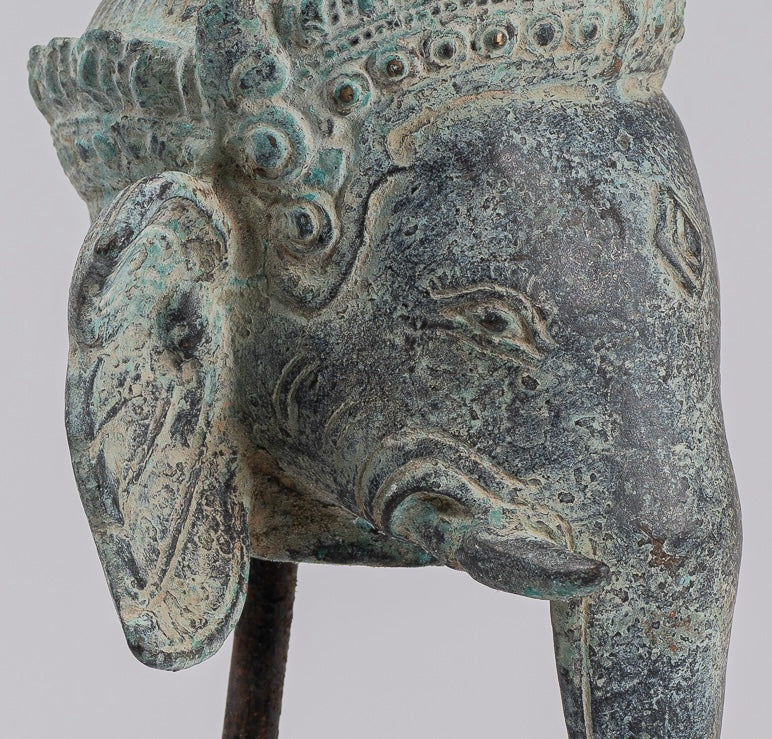 Elephant - Antique Khmer Style Mounted Bronze Bayon Style Elephant Statue - 25cm/10" Tall