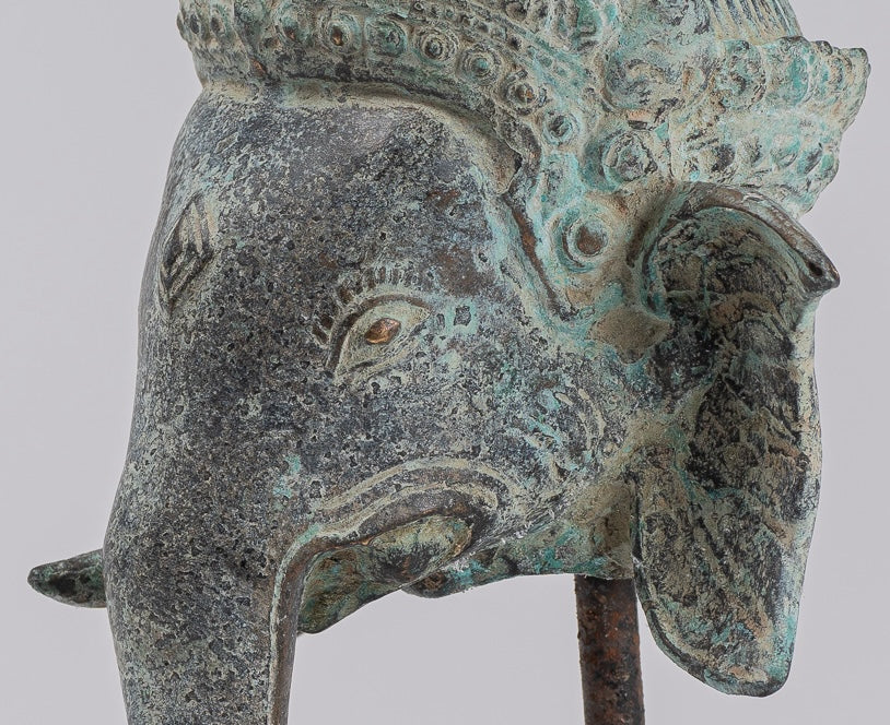 Elephant - Antique Khmer Style Mounted Bronze Bayon Style Elephant Statue - 25cm/10" Tall
