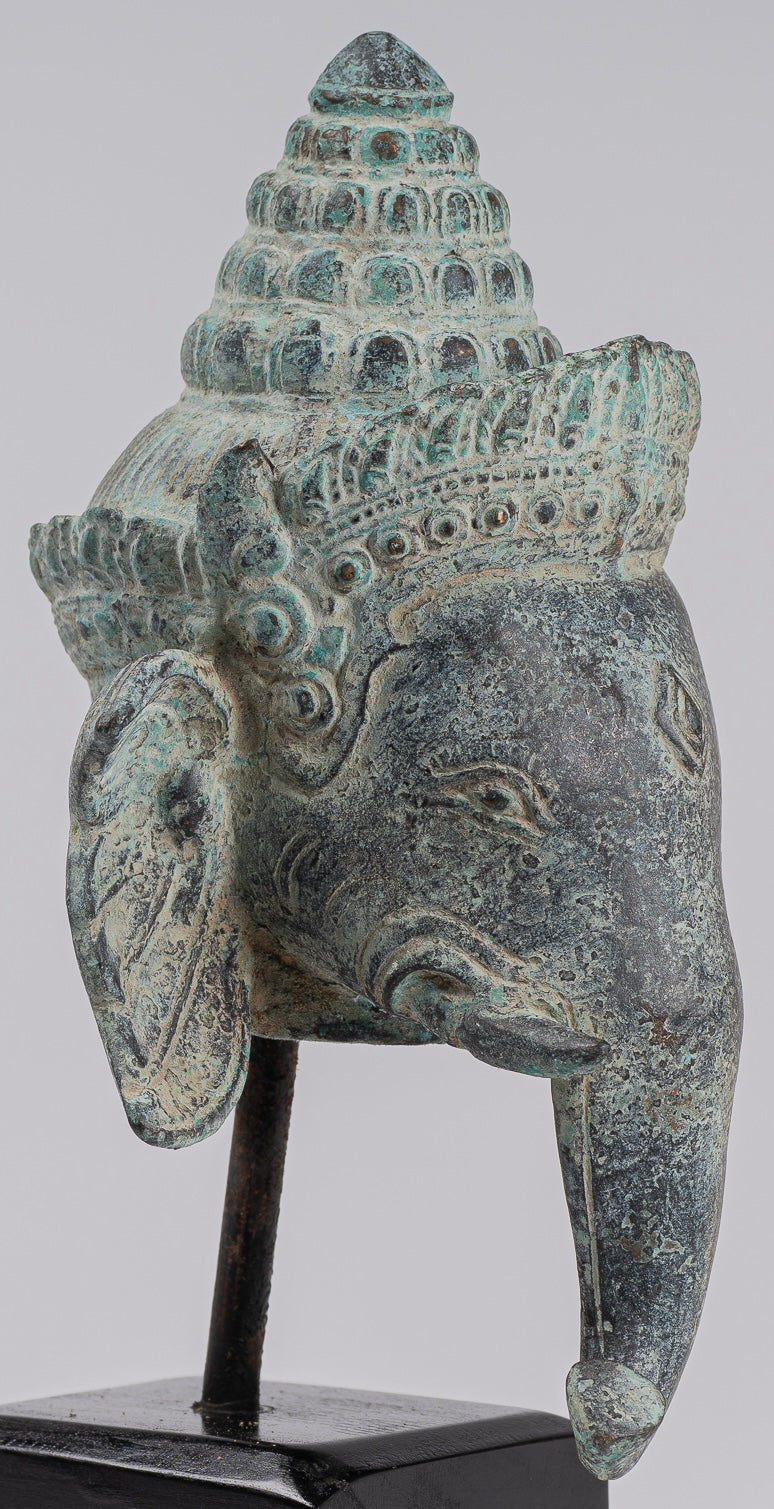 Elephant - Antique Khmer Style Mounted Bronze Bayon Style Elephant Statue - 25cm/10" Tall