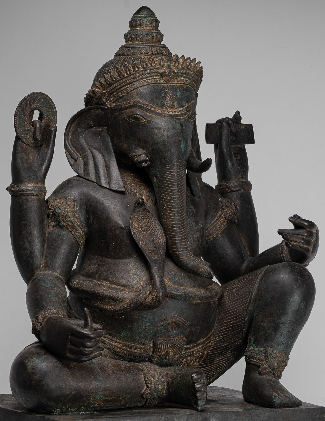 Ganesha Statue - Antique Thai Style Bronze Seated 4-Arm Ganesha Statue - 85cm/34"