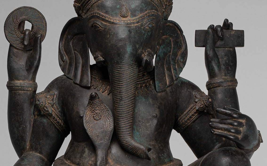 Ganesha Statue - Antique Thai Style Bronze Seated 4-Arm Ganesha Statue - 85cm/34"