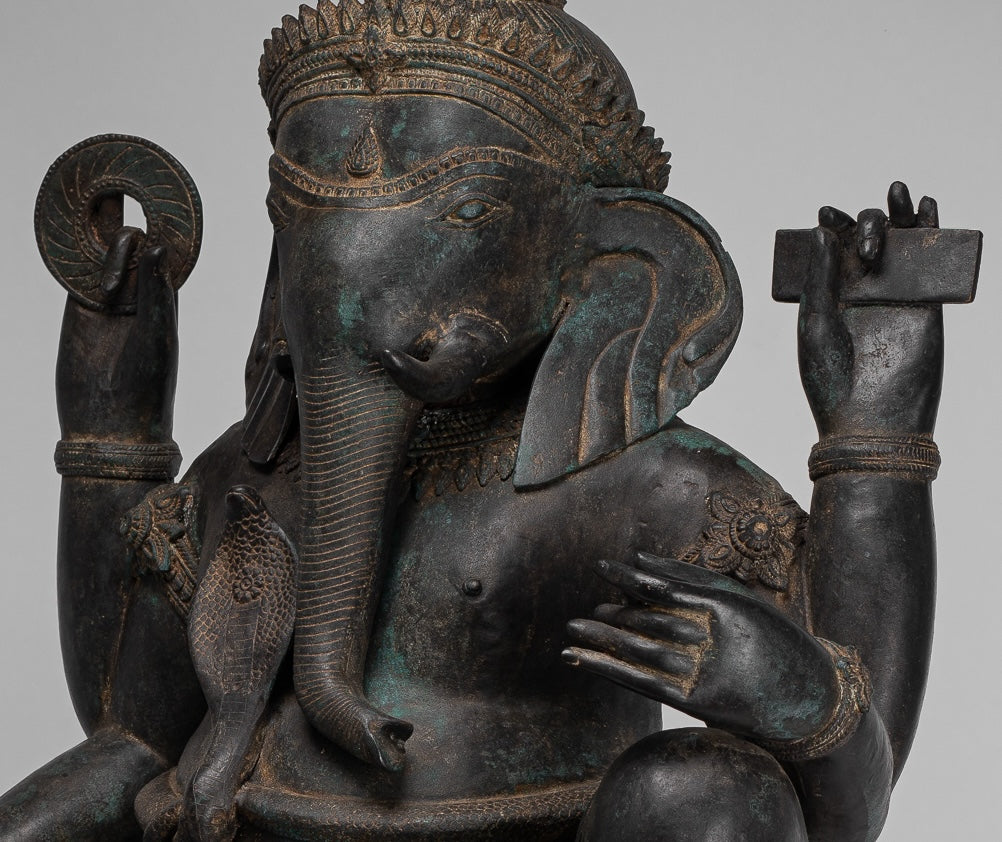 Ganesha Statue - Antique Thai Style Bronze Seated 4-Arm Ganesha Statue - 85cm/34"