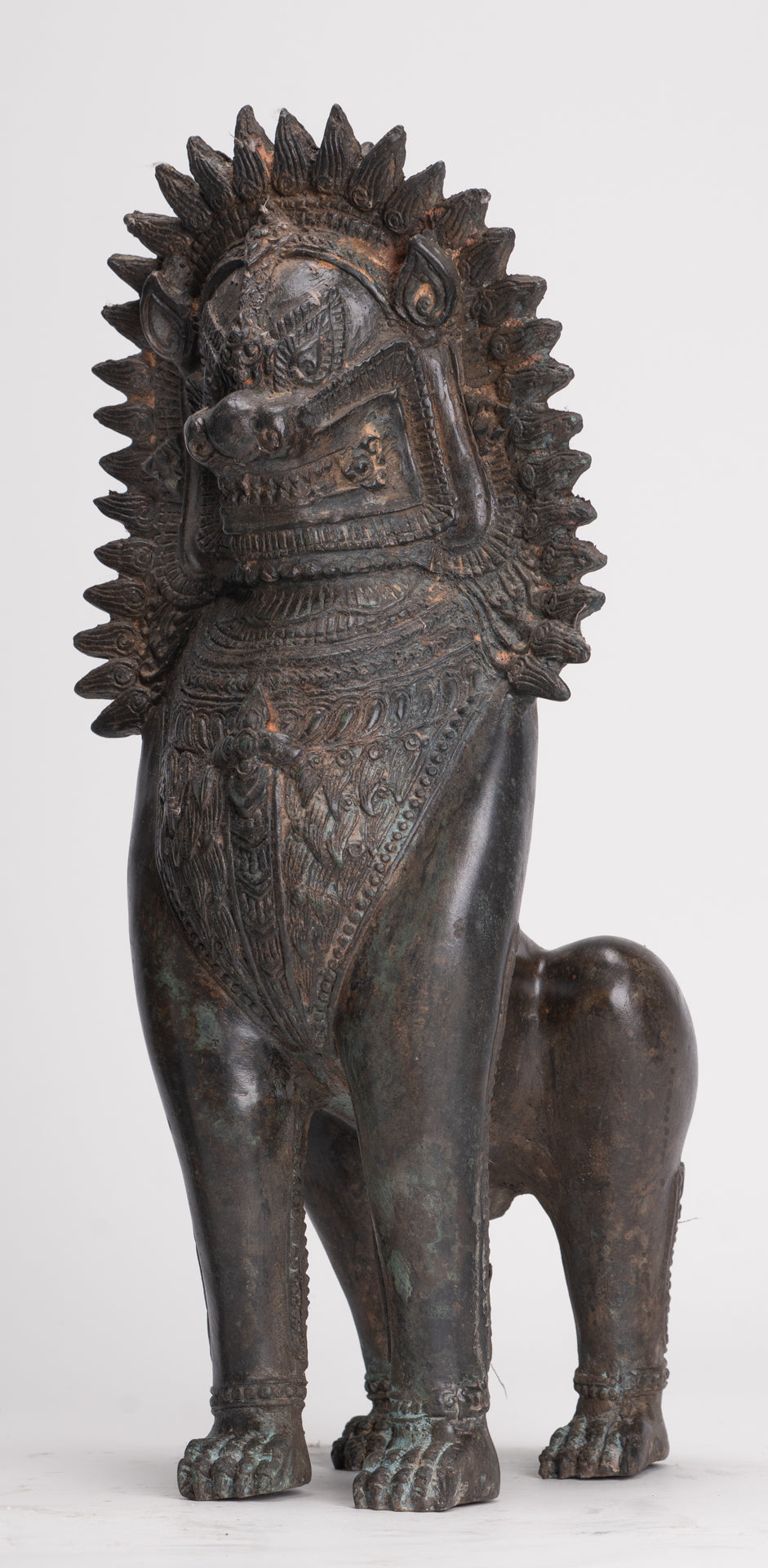 Temple Lion - Antique Thai Style Bronze Standing Singha Temple Guardians or Lions - 41cm/16" (Pair)