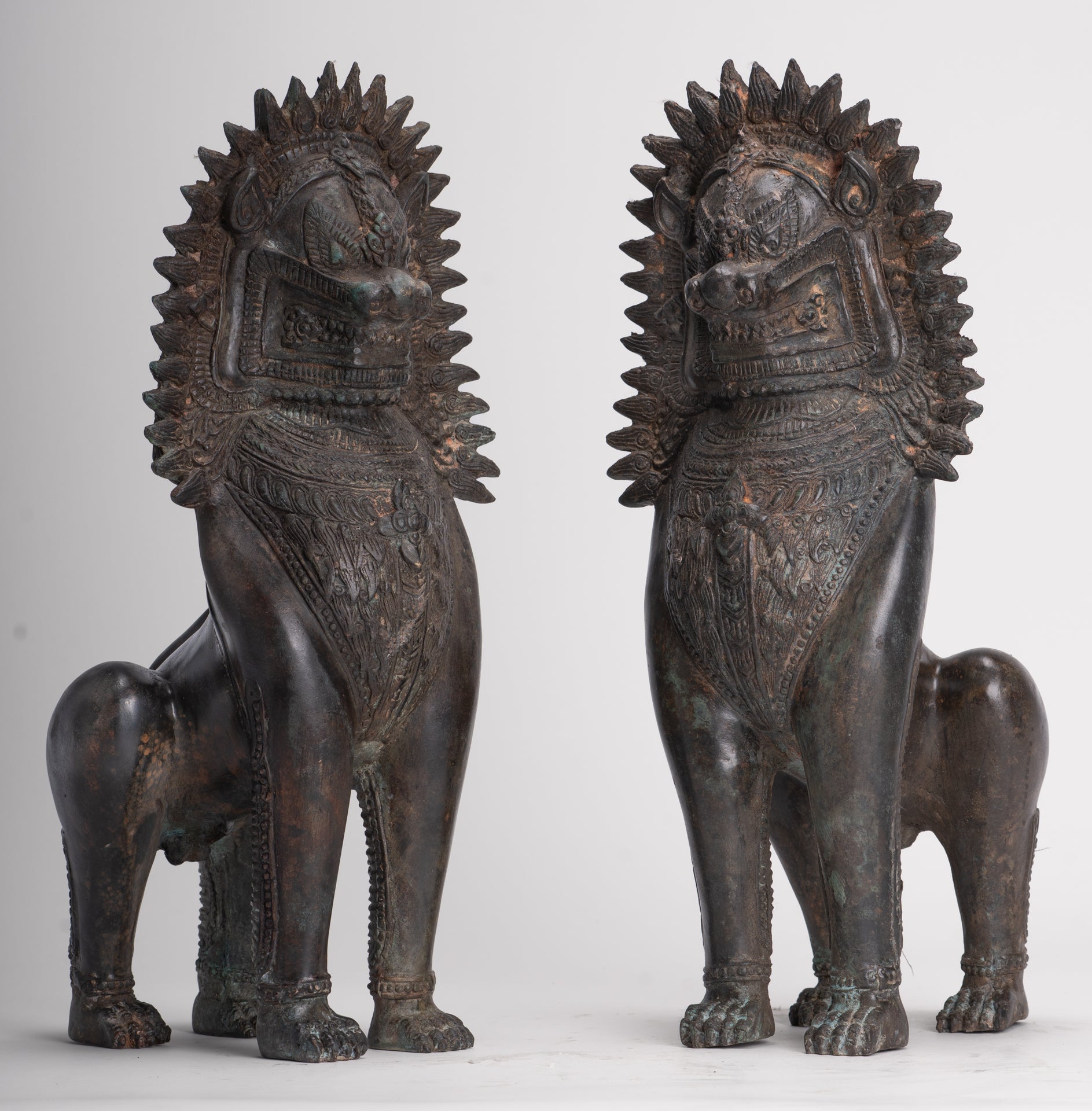 Temple Lion - Antique Thai Style Bronze Standing Singha Temple Guardians or Lions - 41cm/16" (Pair)
