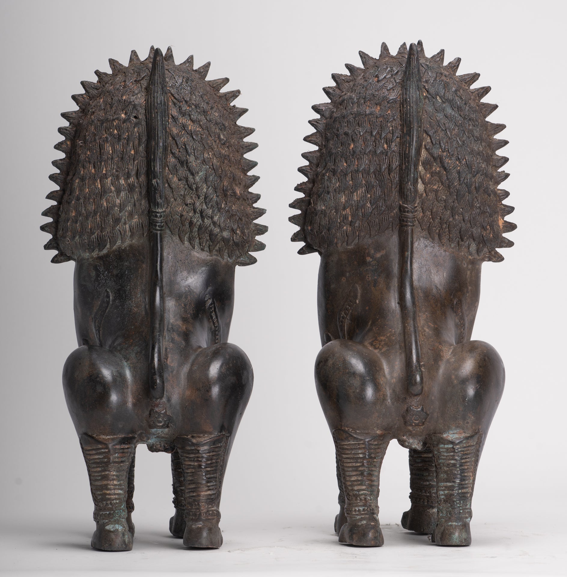 Temple Lion - Antique Thai Style Bronze Standing Singha Temple Guardians or Lions - 41cm/16" (Pair)