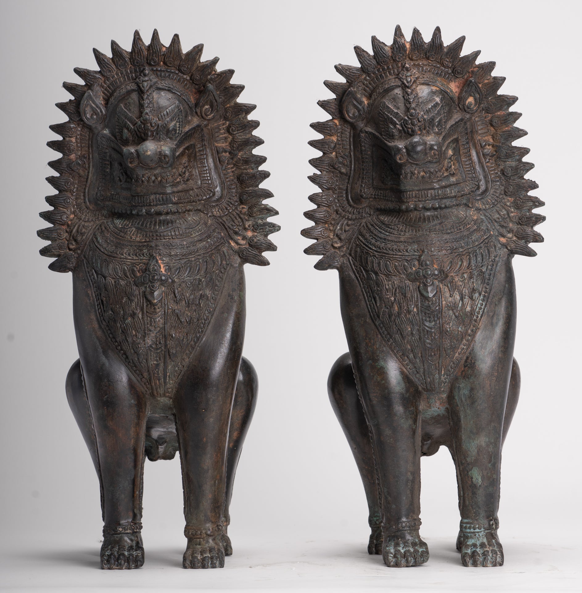 Temple Lion - Antique Thai Style Bronze Standing Singha Temple Guardians or Lions - 41cm/16" (Pair)