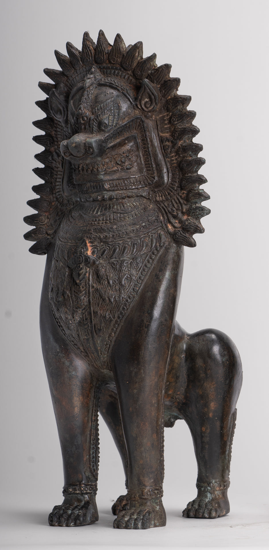 Temple Lion - Antique Thai Style Bronze Standing Singha Temple Guardians or Lions - 41cm/16" (Pair)