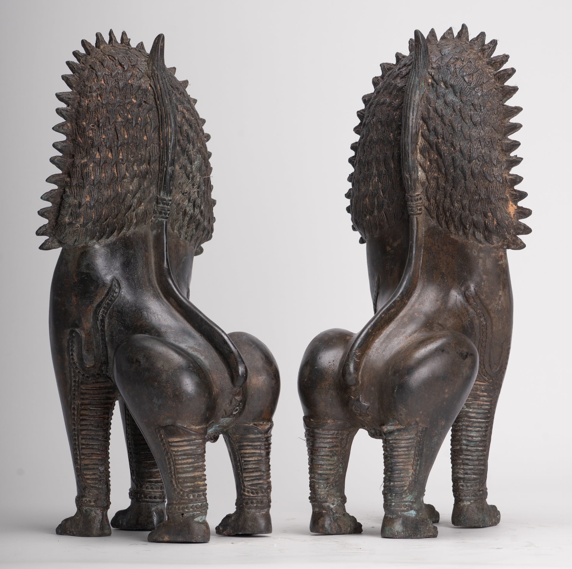 Temple Lion - Antique Thai Style Bronze Standing Singha Temple Guardians or Lions - 41cm/16" (Pair)