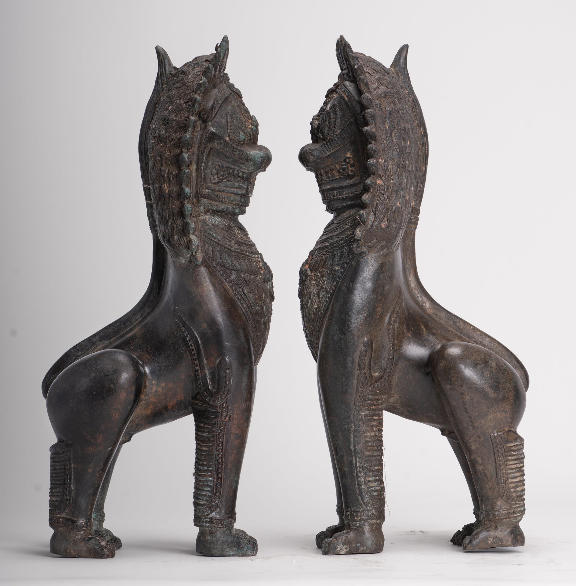Temple Lion - Antique Thai Style Bronze Standing Singha Temple Guardians or Lions - 41cm/16" (Pair)