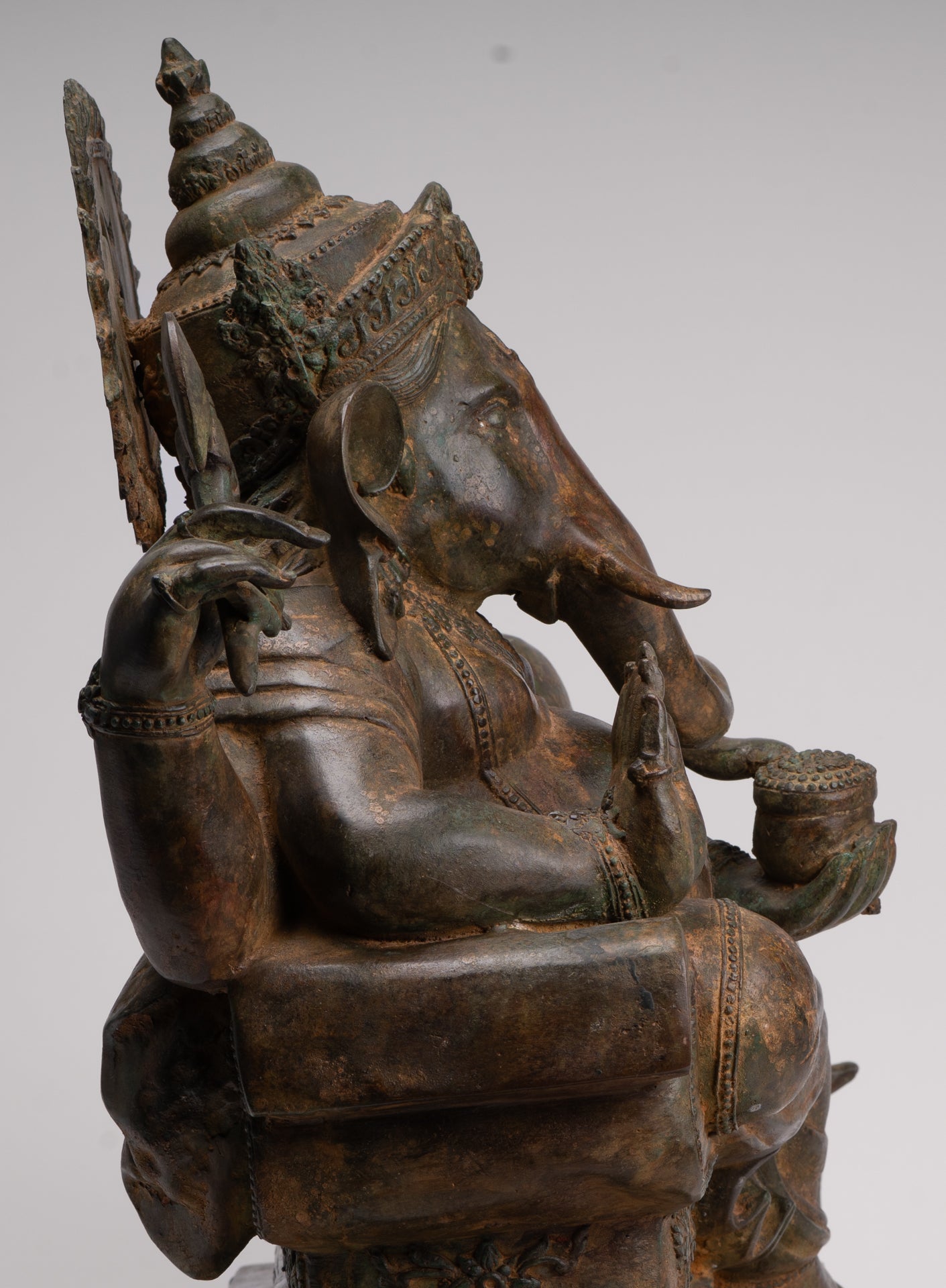 Ganesh - Antique Thai Style Bronze Reclining Ganesha Statue w/Mouse - 55cm/22"